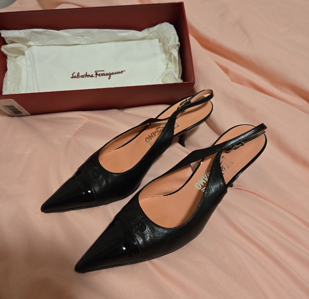 Salvatore Ferragamo Carisa Black Pointed Slingback Kitten Heel Mules 8.5